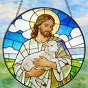 FancyPlus Stained Glass Window Hanging 7.9'' Jesus and Sheep Sun Catchers Stained Glass Suncatcher for Windows He is Risen Resurrection of Jesus Gift for Religious Christian Gifts Home Decor