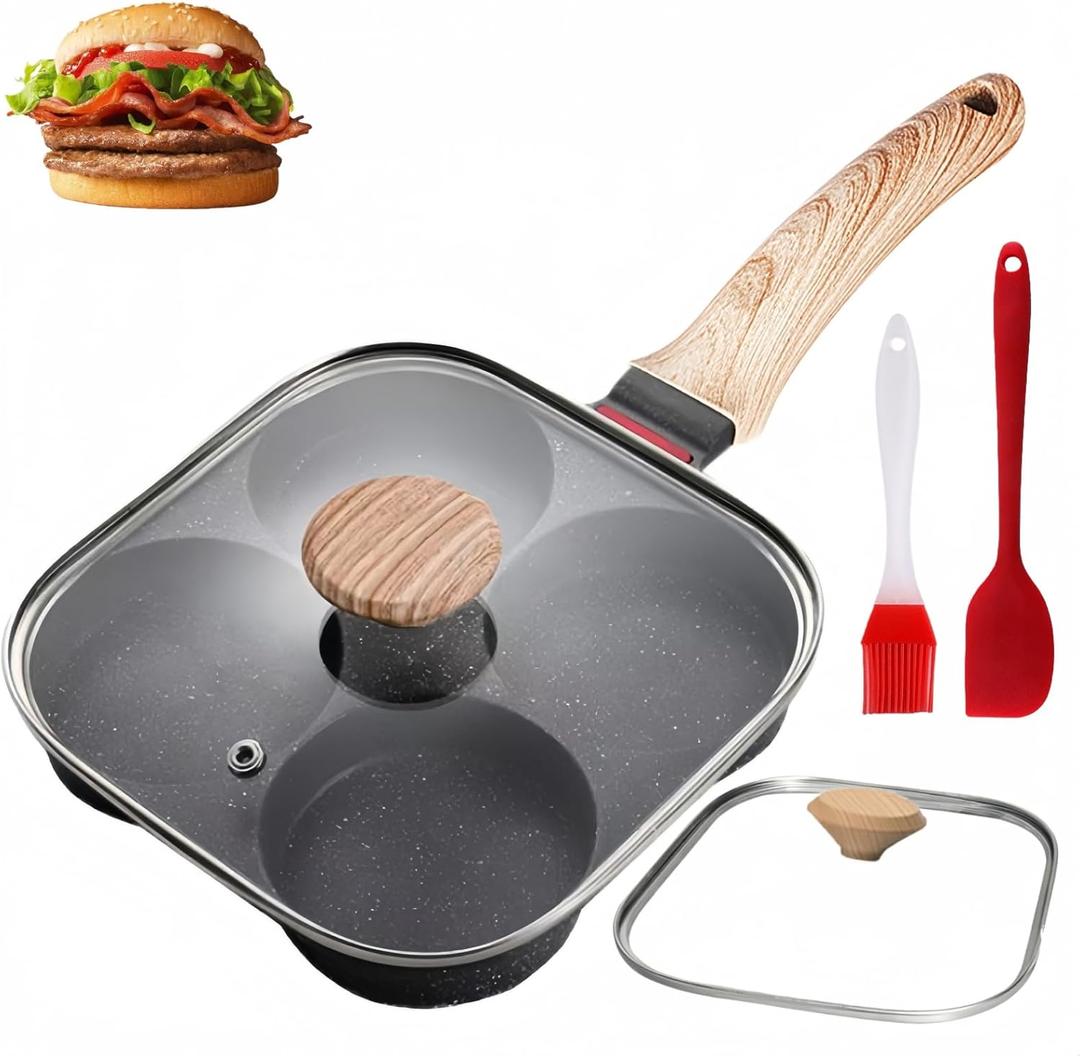 Egg Pan With Lid 4-Cup Nonstick, and Healthy Granite Egg Frying Pan, Versatile Breakfast Skillet for Eggs, Pancakes, Plett, Crepes, Compatible with Gas Stove and Induction Cooktop