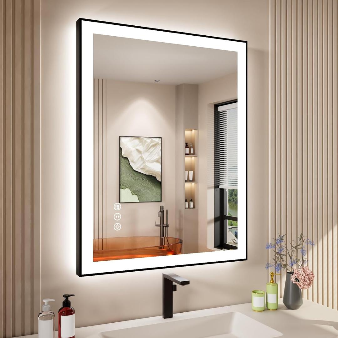 28x36 Inch LED Bathroom Mirror with Black Frame, Backlit and Front Lighted Bathroom Mirrors for Wall, Anti-Fog, Dimmable, Memory, Shatterproof, LED Vanity Mirror for Bathroom