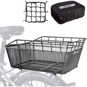 RAYMACE Bike Basket Rear with Cargo Net and Waterproof Cover, Wire Bicycle Basket Large Capacity Storage, Fits for Most Bicycle and Electric Bike with Rear Rack