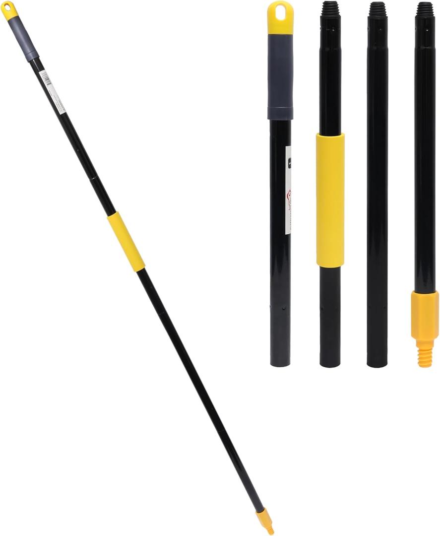 KLEEN HANDLER 61" Metal Extendable Mop/Broom Handle with Threaded Plastic Screw, 4 Section Pole, Compatible with Most Mops and Broom Heads, Black/Yellow
