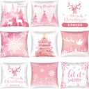 Tatuo 8 Pieces Pink Christmas Throw Pillow Covers 18 x 18 Inch Snowflake Reindeer Pillow Cases Christmas Tree Snowflake Covers Cushion Pillowcase for Sofa Bed