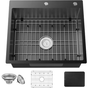 Black Kitchen Sink,25x22 Inch Kitchen Sink Stainless Steel Drop In Kitchen Sink Topmount Stylish and Modern Look Sink With Bottom Grid,Silicon Mat And Drain Assembly Add Elegance & Enhance Usability