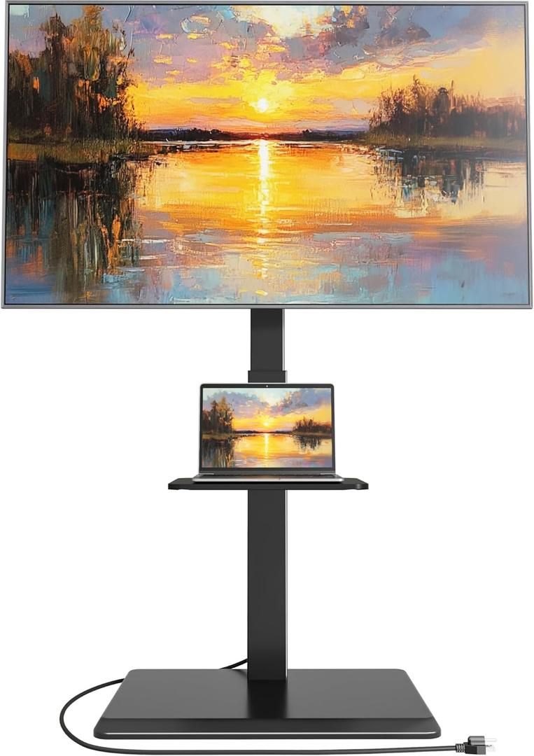 Steel Base Floor TV Stand with Power Outlet for 32-75 inch TVs up to 110 lbs, Leveling & Tilt & Swivel TV Stand with Hidden Wire Management, Height Adjustable TV Stand with Steel Shelf, Black