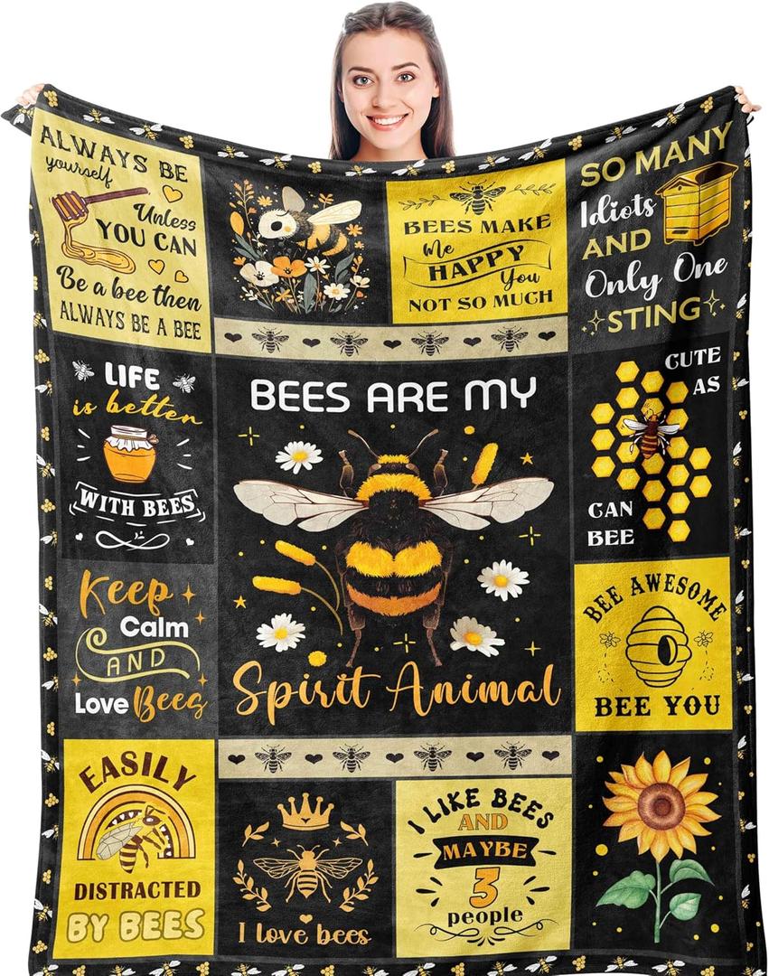 Punofell Unique Bee Gifts for Women/Men/Kids, Cute Bee Themed Blanket 50" x 60", Honeybee Decor, Queen Bee Accessories/Stuff Soft Throw for Bed/Sofa