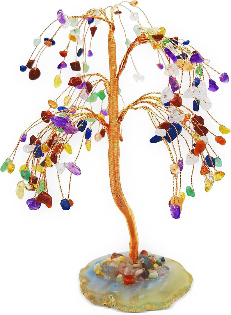 Tree of Life Seven Chakra Gemstone Crystal Fengshui Bonsai Fortune Money Tree Artificial Tree for Good Luck, Wealth Prosperity Home Office Dcor Gift Golden Branch (Colorful Willow)