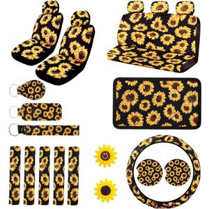 Sunflower Car Accessories Set 23pcs Car Sunflower Steering Wheel Cover,Seat Covers, Seat Belt Covers,Center Console Armrest Pad,Cup Holder Coaster,Keychain, Lanyard,Vent Decor