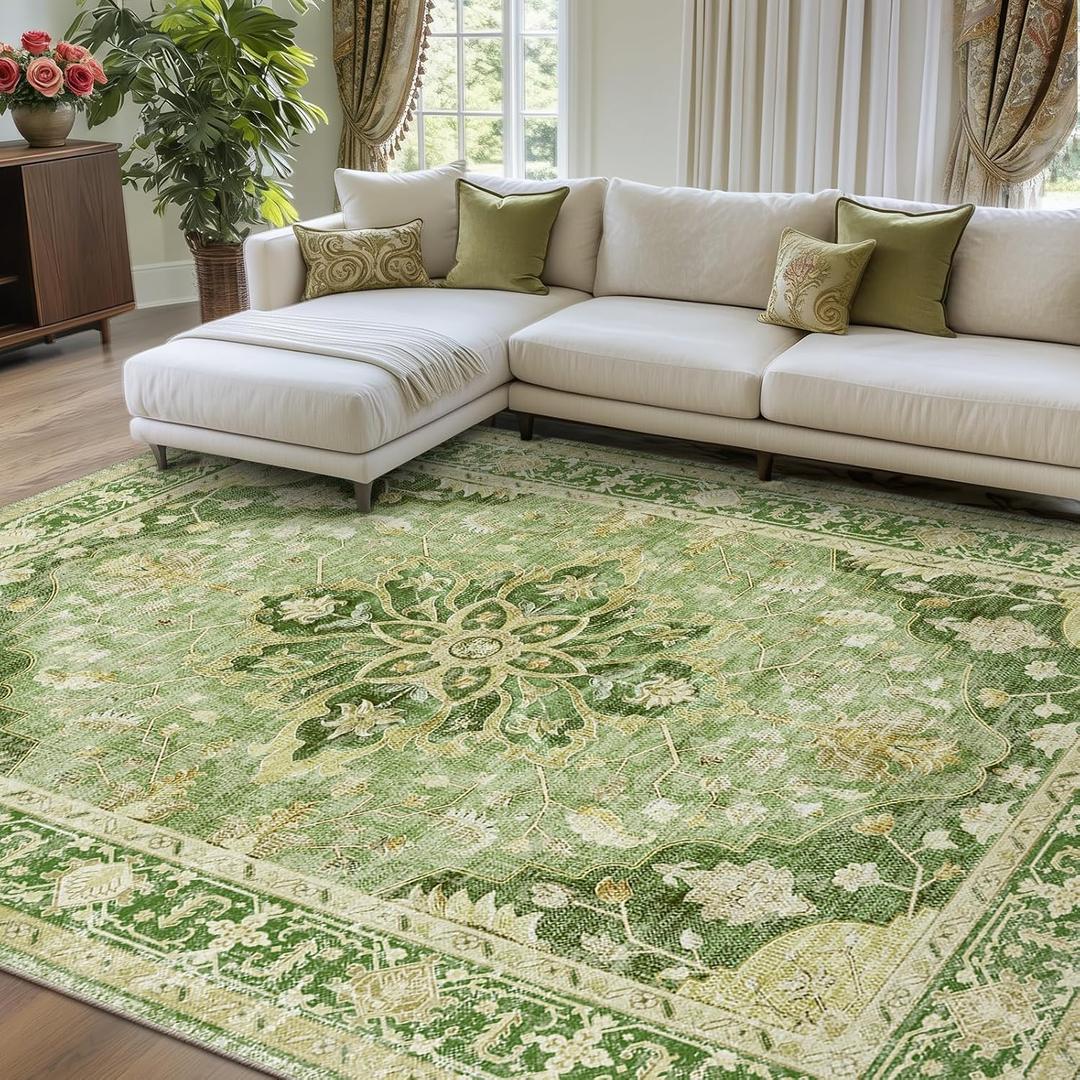 RELEANY Area Rugs 8'x10' Washable Non-Slip, Floral Vintage Distress Print Pattern Medallion Carpet for Living Room Bedroom Dining Room, Sage Green Yellow