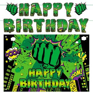 Green Super Hero Happy Backdrop for Birthday Party, 5x3ft Cityscape Hero Skyline Buildings Boom Photography Background Baby Shower Boy Kids Party Decorations Photo Props