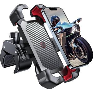 JOYROOM Motorcycle Phone Mount, [1s Auto Lock][100mph Military Anti-Shake] Bike Phone Holder for Bicycle, [10s Quick Install] Handlebar Phone Mount, Compatible with iPhone, Samsung, All Cell Phone (Black red)