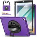 Case for iPad Pro 12.9 2nd Generation 2017 & 2015 1st Generation, Heavy Duty Rugged Shockproof Protective Cover w/ 360 Rotatable Stand + Handle Hand & Shoulder Strap + Pencil Holder-Purple