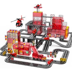 141PCS Magnetic Tiles for kids, Fire Rescue Theme Magnet Tiles with Fire Station & Fire Rescue Vehicles, STEM Magnetic Tiles for Kids Ages 4-8, Preschool Educational Building Toys for Boys & Girls