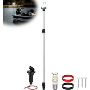 Boat Stern Light Anchor Light, 28"-48" Telescoping Pole Boat Lights LED with Base & Extra Bulb, Waterproof 3NM 360 All Round Marine Navigation Lights for Boats LED for Pontoon, Fishing, Bass Boats