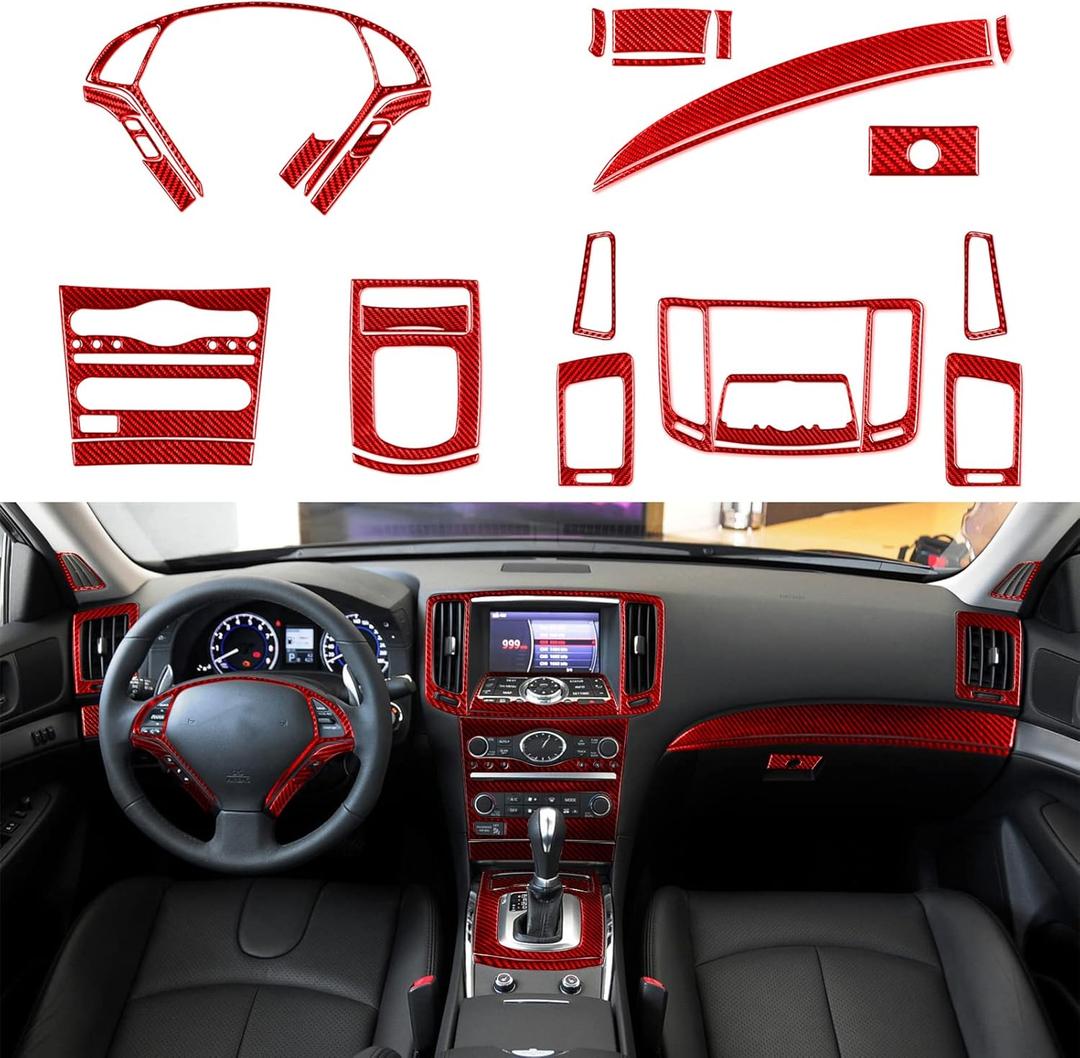 NVCNX Real Premium Carbon Fiber Compatible with Infiniti G37 2011 2012 2013 Coupe Sedan Convertible Accessories Car Center Console Dashboard Cover Interior Trim Set Kit Red 28PCs