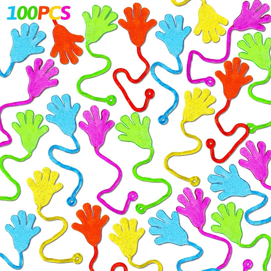100PCS Glitter Sticky Hands Party Favors for Kids Birthday Supplies Spring Summer Goodie Bag Stuffers Classroom Treasure Box Carnival Prizes Bulk Treat Trinkets Pinata Stuff Mini Stretchy Toys