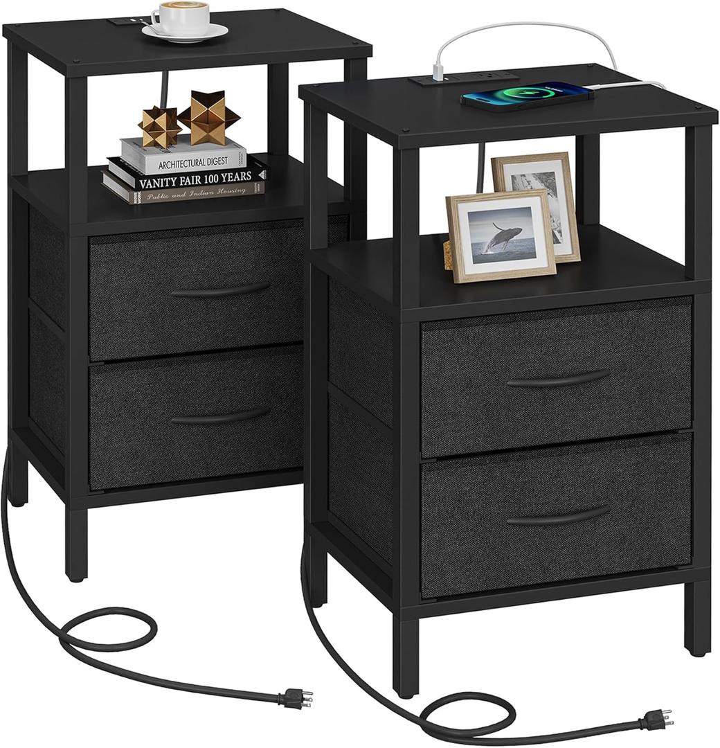 TUTOTAK End Table with Charging Station, Side Table with 2 USB Ports and Outlets, Nightstand with Cloth Drawer, Set of 2, Couch Table, Black TB01BK067