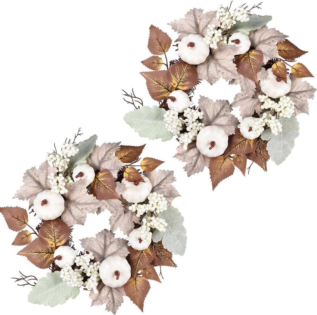 Lvydec 2 Pack Artificial Pumpkin Fall Wreath - 12" Autumn Wreath with Colorful Maple Leaves White Pumpkin and Berries for Front Door Table Wall and Thanksgiving Decoration (12 Inch - 2 Pack)