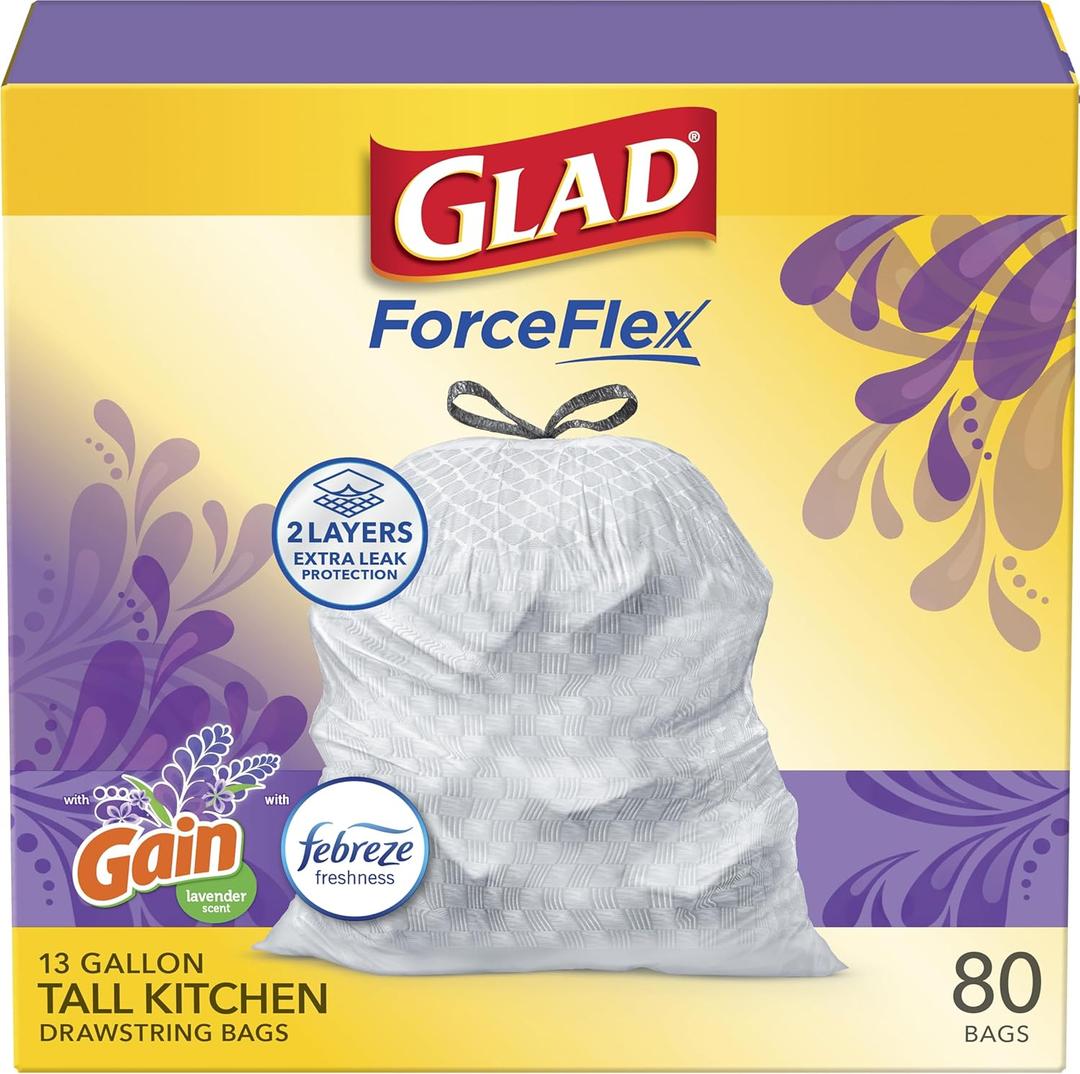 Glad ForceFlex Tall Kitchen Trash Bags, 13 Gallon, Gain Lavender, 80 Count
