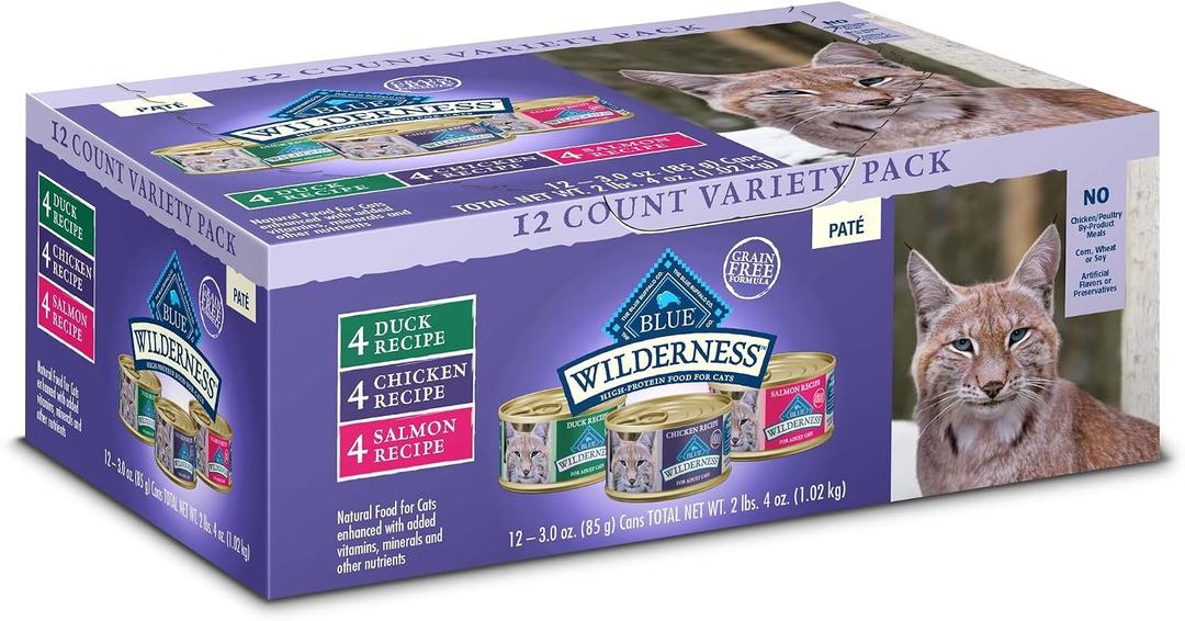 Blue Buffalo Wilderness High Protein, Natural Adult Pate Wet Cat Food Variety Pack, Chicken, Salmon, Duck 3-oz Cans (12 Count- 4 of Each Flavor) (EXP 12/01/26)