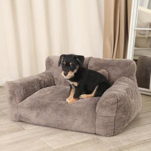Fluffy Cat Couch for Indoor Cats, Small Dog Bed with Bone Shaped Pillow, Anti-Anxiety Pet Bed with Washable Cover, Brown (25.6"L x 18.1"W x 11.8"Th)