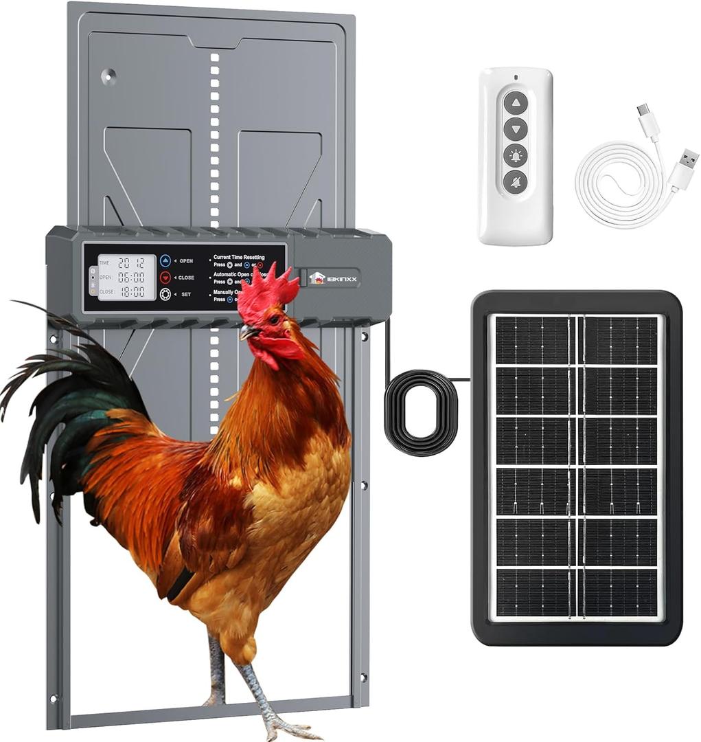 Automatic Chicken Coop Door Solar Powered with Timer, Remote Control, Anti-Pitch Aluminum Alloy Auto House Door for Chicken, Duck, Poultry, Weatherproof (Blue)