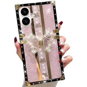 Changjia for iPhone 16 Plus Glitter Butterfly Stand Case,Cute Luxury Bling Sparkly Diamond with Foldable Kickstand Floral TPU Bumper Shockproof Protective Case for Women Girls for iPhone 16 Plus,Pink