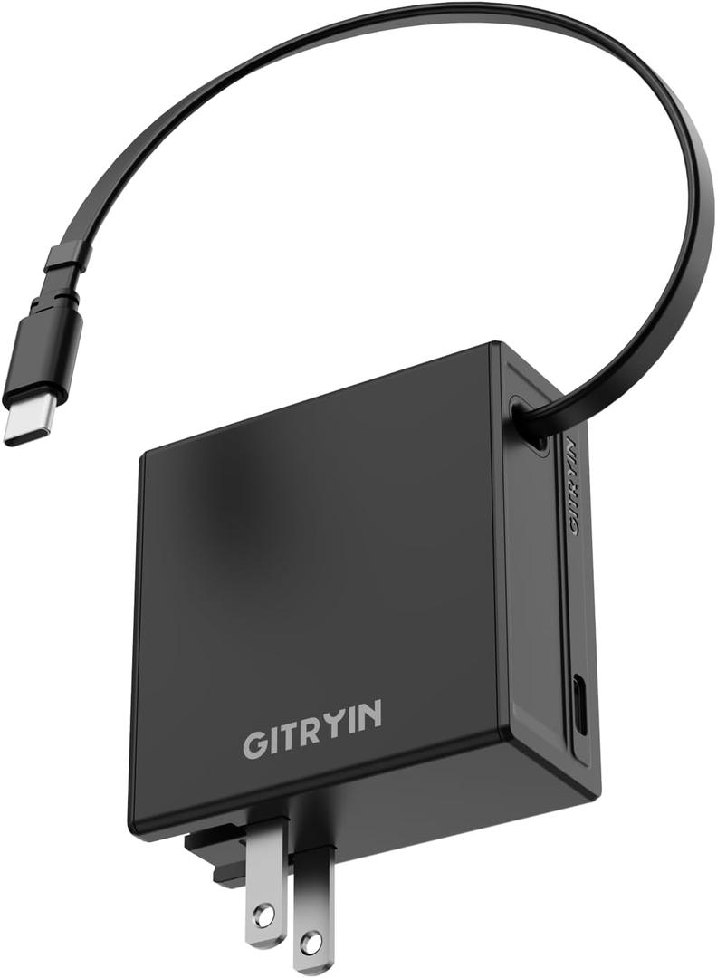 Gitryin 65W USB C Retractable Wall Charger with Built-in Type-C Cable, Portable Fast Charger Block with Foldable Plug, Compatible for Laptop, iPhone 16/15, Galaxy S25, Pixel, iPad, Black