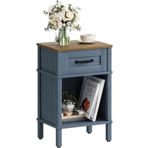 Small Farmhouse Nightstand, Wood Night Stand Set, End Table with Drawer, Small Rustic Wooden Bedside Table, Bed Side Table for Bedroom, Blue end Table with Storage for Bedroom LET512LR