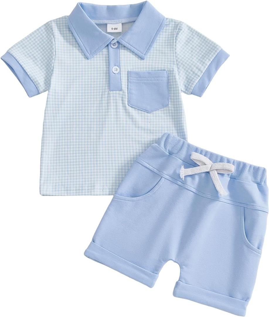 Toddler Baby Boy Summer Clothes Plaid Lapel Short Sleeve T-Shirt Top Shorts Sets Infant Outfit 6 12 18 24 Months (Blue)