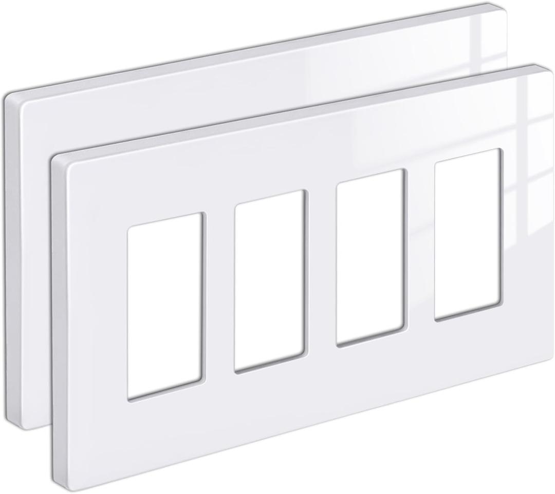 [4 Pack] BESTTEN 4 Gang Mid-Size Screwless Outlet Cover, Midway Decorative Wall Plate, USWP6 Gloss Snow White, Midsize H4.88" x W8.58"