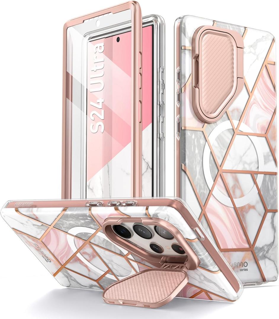 i-Blason Cosmo for Samsung Galaxy S24 Ultra Case with Camera Cover Stand, [Support MagSafe] Stylish 360 Full Case with Screen Protector & Kickstand Magnetic Phone Case for S24 Ultra, Marble