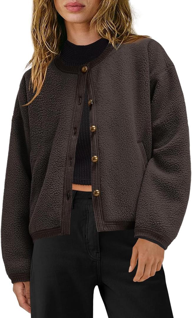 Yanekop Womens Sherpa Jacket Button Down Fleece Winter Coat Fuzzy Jackets Chunky Cardigan Sweaters Open Knit Sweater (Medium, Dark Brown)