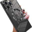 KANGHAR Case Designed for iPhone 15 Pro Max Magnetic Clear with Camera Lens Protector[Compatible with MagSafe] Luxury Cute Plating Design Full-Body Shockproof Protection Cover Black