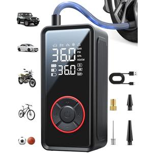 Powools Tire Inflator Portable Air Compressor - 3X Faster Inflation Air Pump with LED Light, Auto Shut-Off Tire Pump with 4 Nozzles for Car, Motorcycle, Bicycle, Ball, Black, 5.9" x 2.8" x 2.0"