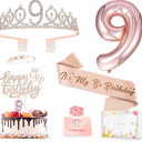 9th Birthday Decorations for Girls, Including 9 year old Birthday Cake Topper, Queen Sash with Pearl Pin, Sweet Rhinestone Tiara Crown, Number Candles and Balloons Set, Rose Gold