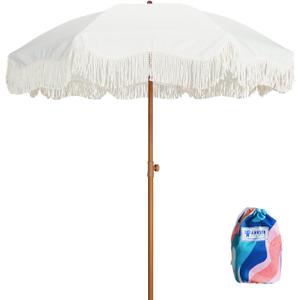 AMMSUN Boho Fringe Umbrella with Beach Blanket, 6.5ft UPF50+ Picnic Umbrella with Tassels with Steel Pole & Push Button Tilt, Antique White
