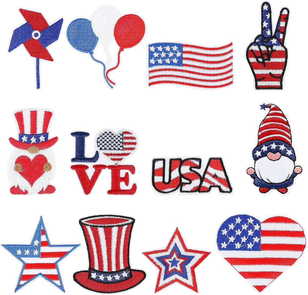 AUGSUN 12pcs Independence Day Iron on Patches 4th of July Patriotic Embroidered Sew Applique Repair Patch American Flag DIY Crafts for Clothing Jacket Jeans Pants Dress Backpack Hat Decorations Gift
