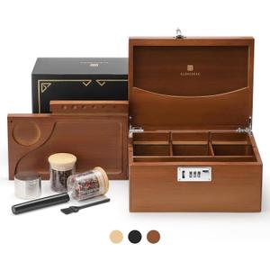 GLENCREAG Stash Box with Rolling Tray, Smell Proof Large Bamboo Storage Box with Lock, Decorative Set Includes Glass Jars & Grinder, Gift for Men Women (Brown)