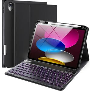 TECKNET for iPad A16 11th/10th Generation Case with Keyboard, 7 Color Backlight, Detachable Wireless Bluetooth Keyboard Case with Pencil Holder for iPad 2025/2022, Thin & Light, Black (Standard)