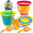JOYIN 3 Packs Foldable Pail Bucket with Shovels & Mesh Bag, Collapsible Buckets Multi Purpose for Beach, Camping Gear, Beach Party, Fishing, and Fun Summer Activities (Yellow/Blue/Green), Large