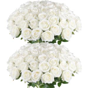 Hananona 50 Pcs Artificial Roses in Bulk, Fake Velvet Silk White Roses Realistic White Roses for Wedding Centerpieces Flower Arrangement Home Decor (50, White)
