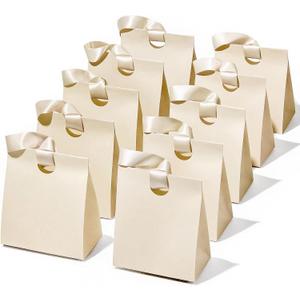 Vitalizart Paper Gift Bags With Ribbon Handles Set of 10 Cream White Bulk Reusable For Gift Wrap Girls Kids Birthday Bridal Shower Party Favors Goodie Bags Candy Christmas 5.91"x3.54"x7.28" Small Size