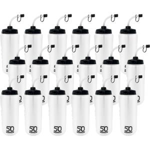 50 Strong 1 Liter Water Bottle with Straw 18-Pack Easy-Squeeze Sports Bottles with Long Straw & Built-In Finger Grip BPA-Free & Made in USA Ideal for Hockey & Team Sports