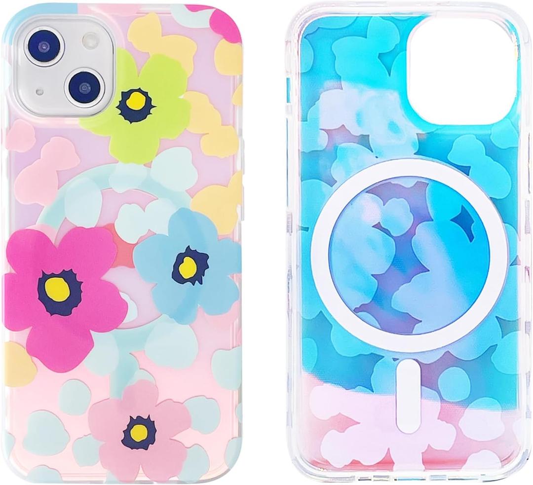 Magnetic Case for iPhone 13 Mini 5.4 inch Compatible with MagSafe Charging Soft TPU Bumper Slim Shockproof Protective Cute Cover (Holographic Pink Blue Flowers)