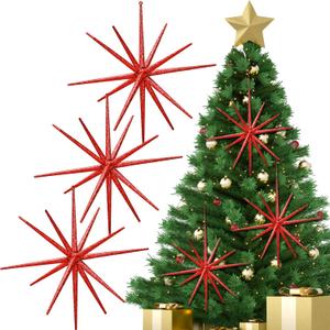 Syhood 6 Pcs Glitter Starburst Star New Year Ornaments 8 Inch Exploding Glitter Starburst Bethlehem Star Hanging Tree Ornaments Tabletop 3D Decor New Year Holiday Party(Red,Classic)