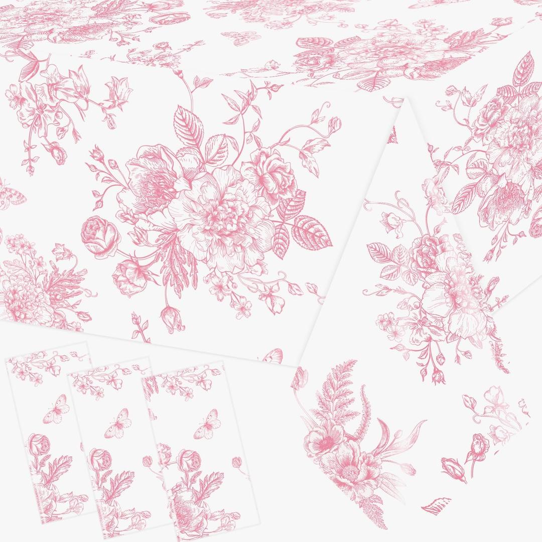3Pcs Pink Floral Tablecloth, 52 x 87 Inch Vintage Flower Table Cover, Rectangle Floral Table Cover, Pink and White Porcelain Tablecloth for Spring Tea Wedding Shower Birthday Party
