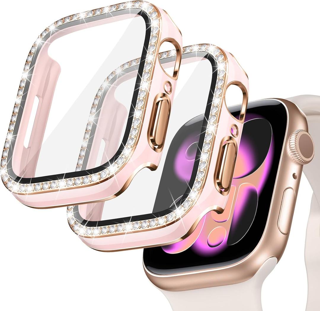 Goton 2-Pack Bling Case for Apple Watch Series 11/10 Screen Protector 46mm, Women Glitter Diamond Rhinestone Bumper Face Cover for iWatch Accessories 46 mm (Pink+Pink)