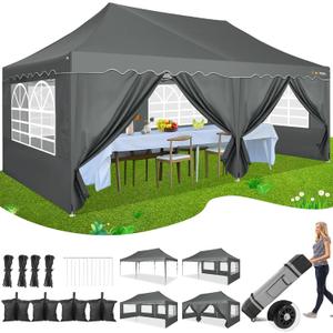 HOTEEL 10x20 Pop Up Canopy Tents for Parties, Outdoor Tent with 6 Sidewalls & 4 Sandbags & Wheeled Bag, Easy Setup for Wedding, Commercial, Patio Events, Party -Waterproof and UV50+, Grey (Gray)