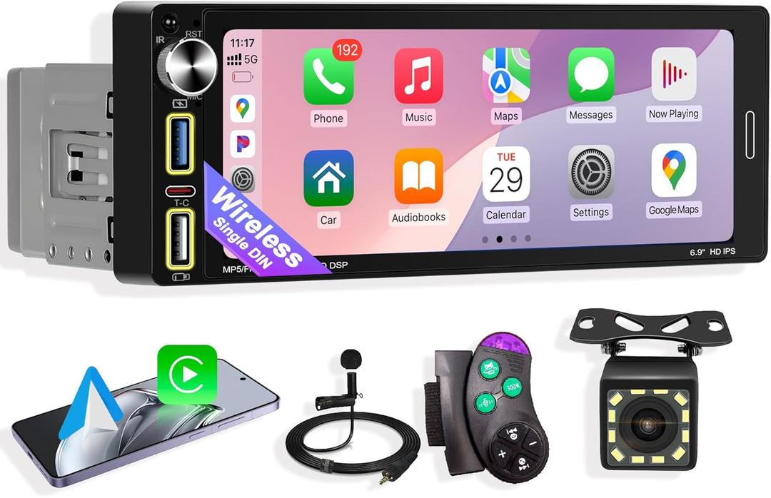 Single Din Car Stereo with Wireless Apple CarPlay & Android Auto, Designed for Older Vehicles, Bluetooth Hands-Free, FM Radio, Backup Camera Support