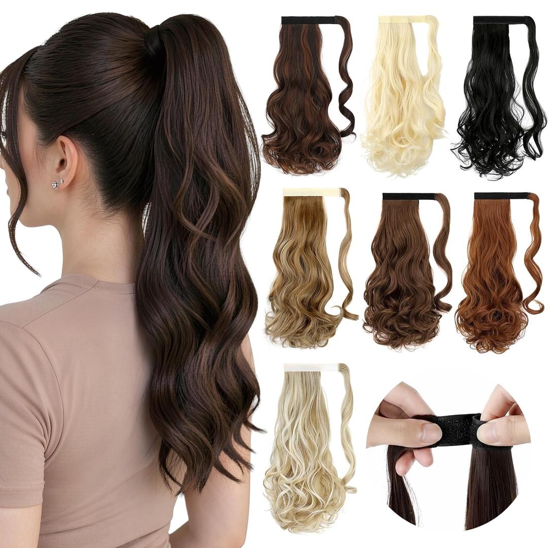 Felendy Ponytail Extension, 18" Wrap Around Long Ponytail Hair Extensions Wavy Curly Clip in Pony Tails Hairpieces For Women (Dark Black)